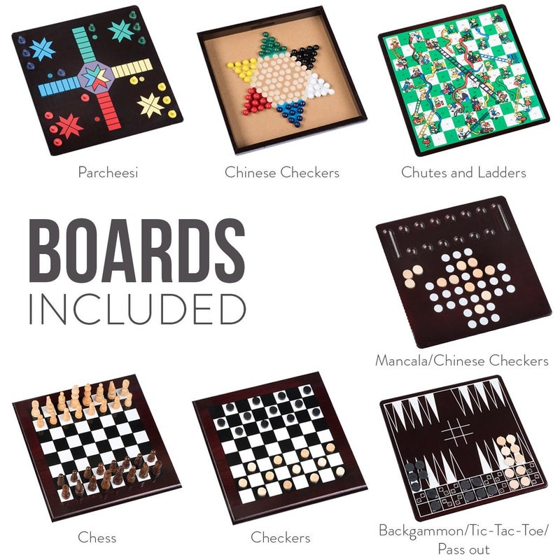Etna Board Game Set - Deluxe 15 in 1 Tabletop Wood-accented Game Center with Storage Drawer (Checkers, Chess, Chinese Checkers, Parcheesi, TicTacToe, SOlitaire, Snakes and Ladders, Mancala, Backgammon, Poker Dice, Playing Cards, Go Fish, Old Maid, and Dominos) - Image 4